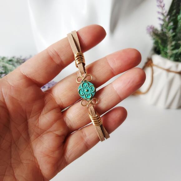 Floral Metal Bead Bracelet on Vegan Suede Cord - Picture 3 of 5